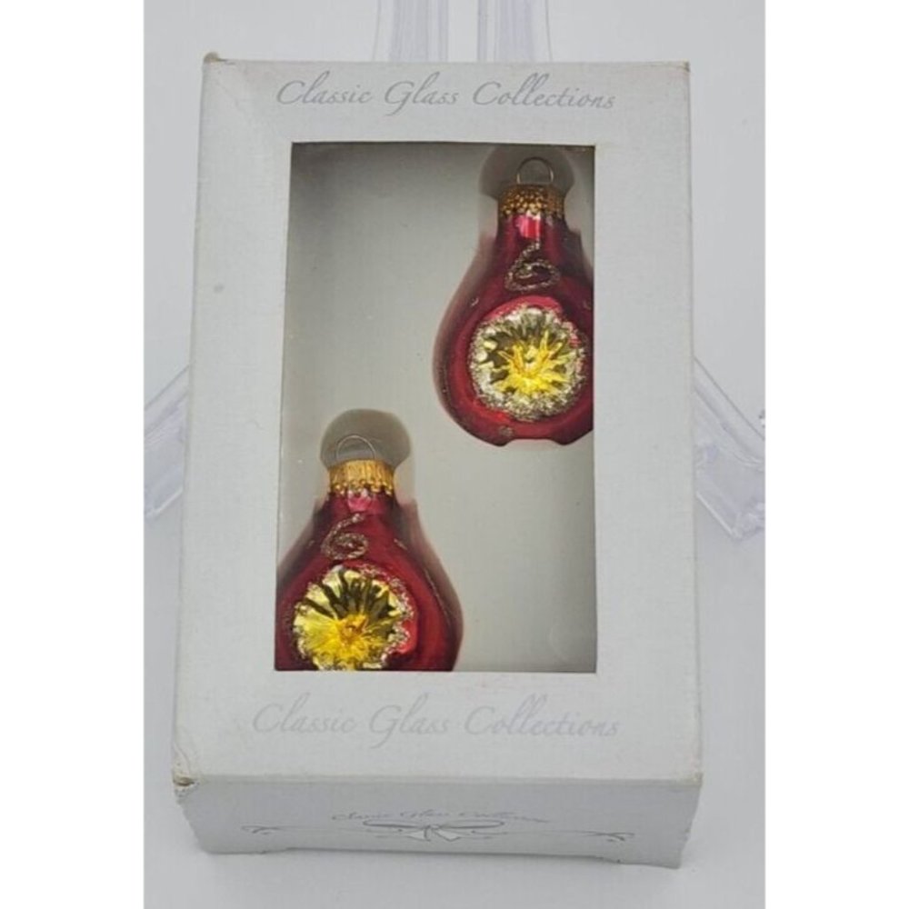 Vintage Pair of Glass Christmas Ornaments in Original Box Teardrop Red Indent